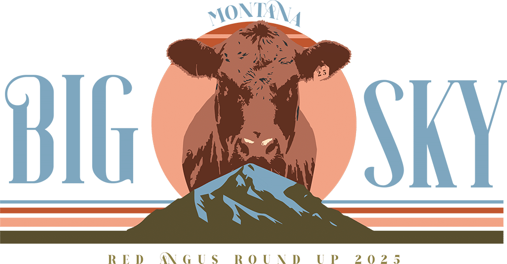 Logo for "Big Sky Montana Red Angus Round Up 2023" featuring a cow's head over a mountain with a sunset background.
