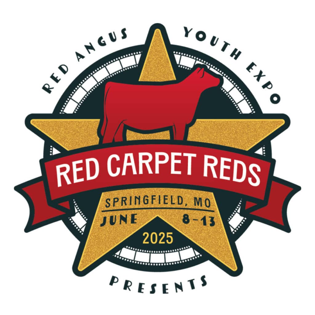 Logo for the 2025 Red Angus Youth Expo, titled "Red Carpet Reds," held in Springfield, MO, June 8–13, featuring a red cow and gold star design.