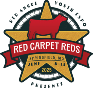 Logo for the Red Angus Youth Expo featuring a red cow, a gold star, and event details: "Red Carpet Reds, Springfield, MO, June 8-13, 2025.