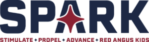 The word "SPARK" in bold navy letters with a red star as the letter A, and the words "Stimulate • Propel • Advance • Red Angus Kids" below.